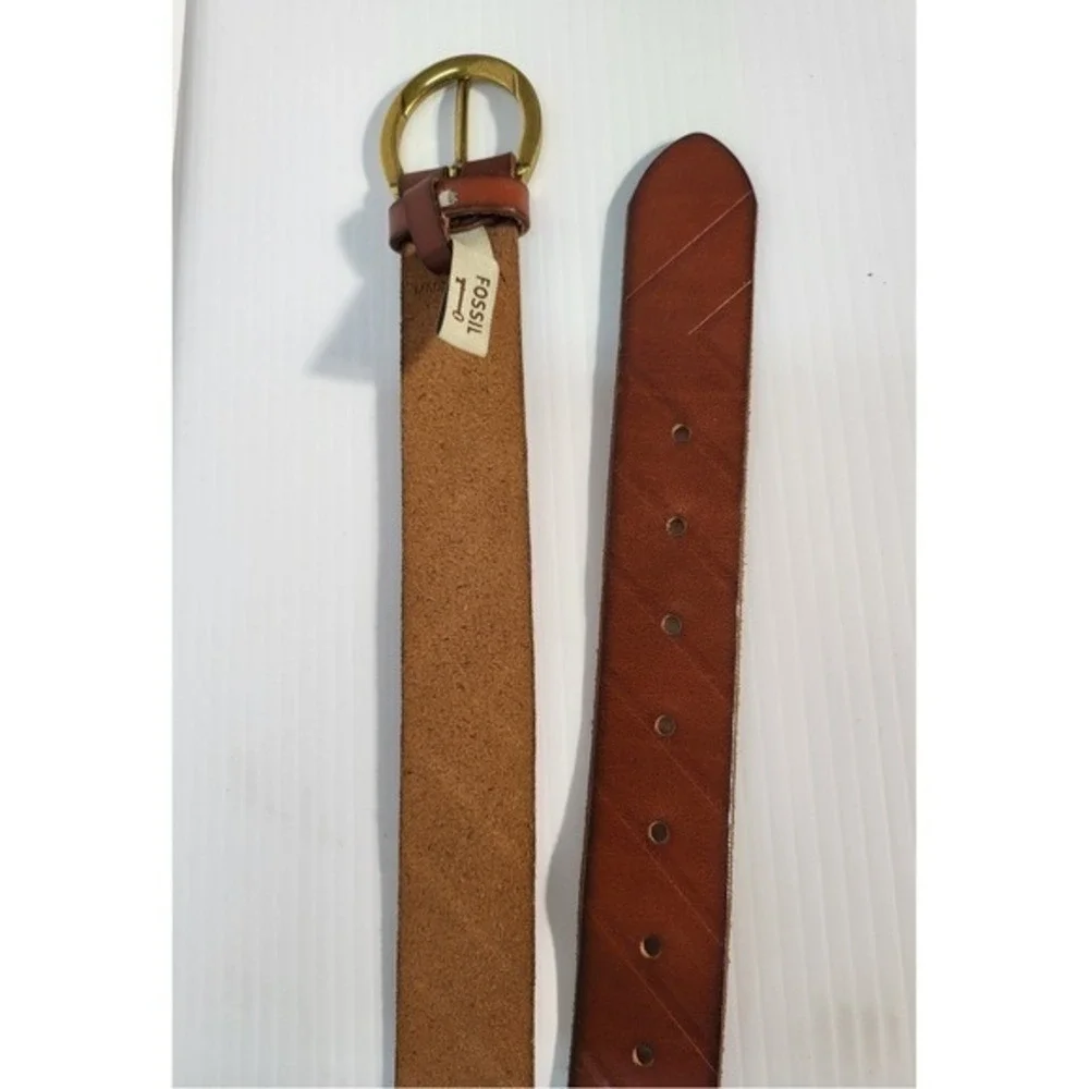 Fossil Leather Belt Embossed Casual Jean Belt Brass Buckle Brown Size 34